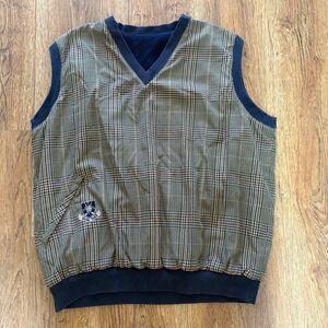 VTG 90s Firethorn Royal Oaks Reversible Golf Vest Mens L Plaid Navy Blue Fleece